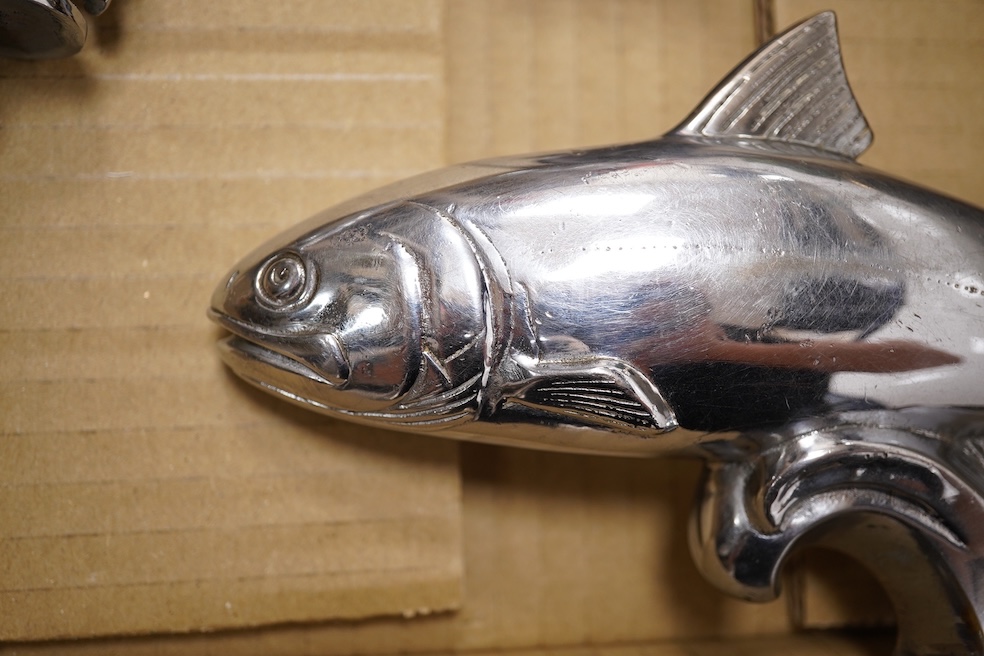 Five animal themed chrome and brass car mascots consisting of a giraffe mounted on a turned aluminium base, a hare, a bumblebee in flight, a leaping fish, and a scorpion. Condition - fair to good.